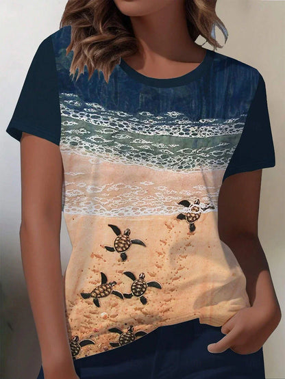 Damen-T-Shirt Ocean Casual Kurzarm Rundhalsausschnitt Reguläre Oberteile Täglicher Druck Blau Sommer Frühling